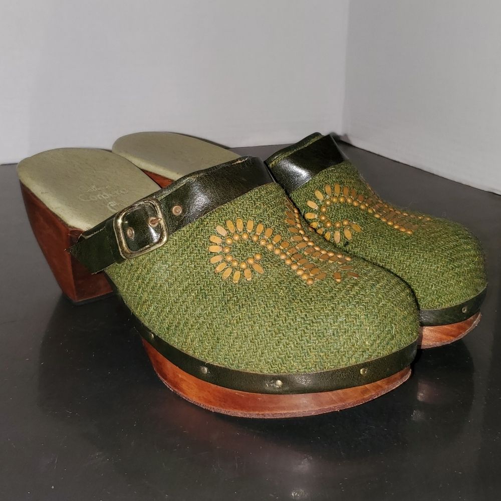 Calleen Cordero Green Wool Embelished Wood Clogs Mules Handmade Size 8